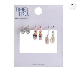 Time and Tru Silver and Multicolor Earring Trio Shell Accents